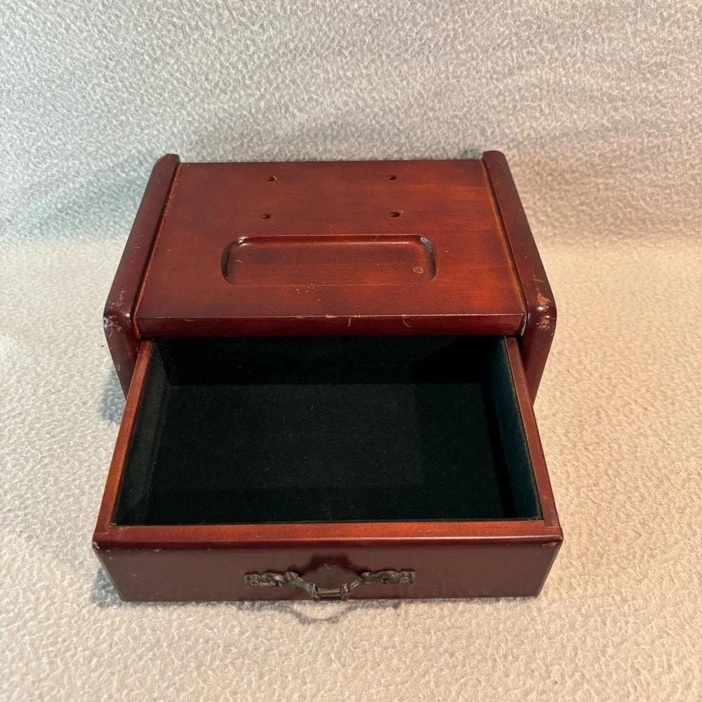 Vtg. Wooden Jewelry Box with Velvet-Lined Single Drawer with Decorative Handle